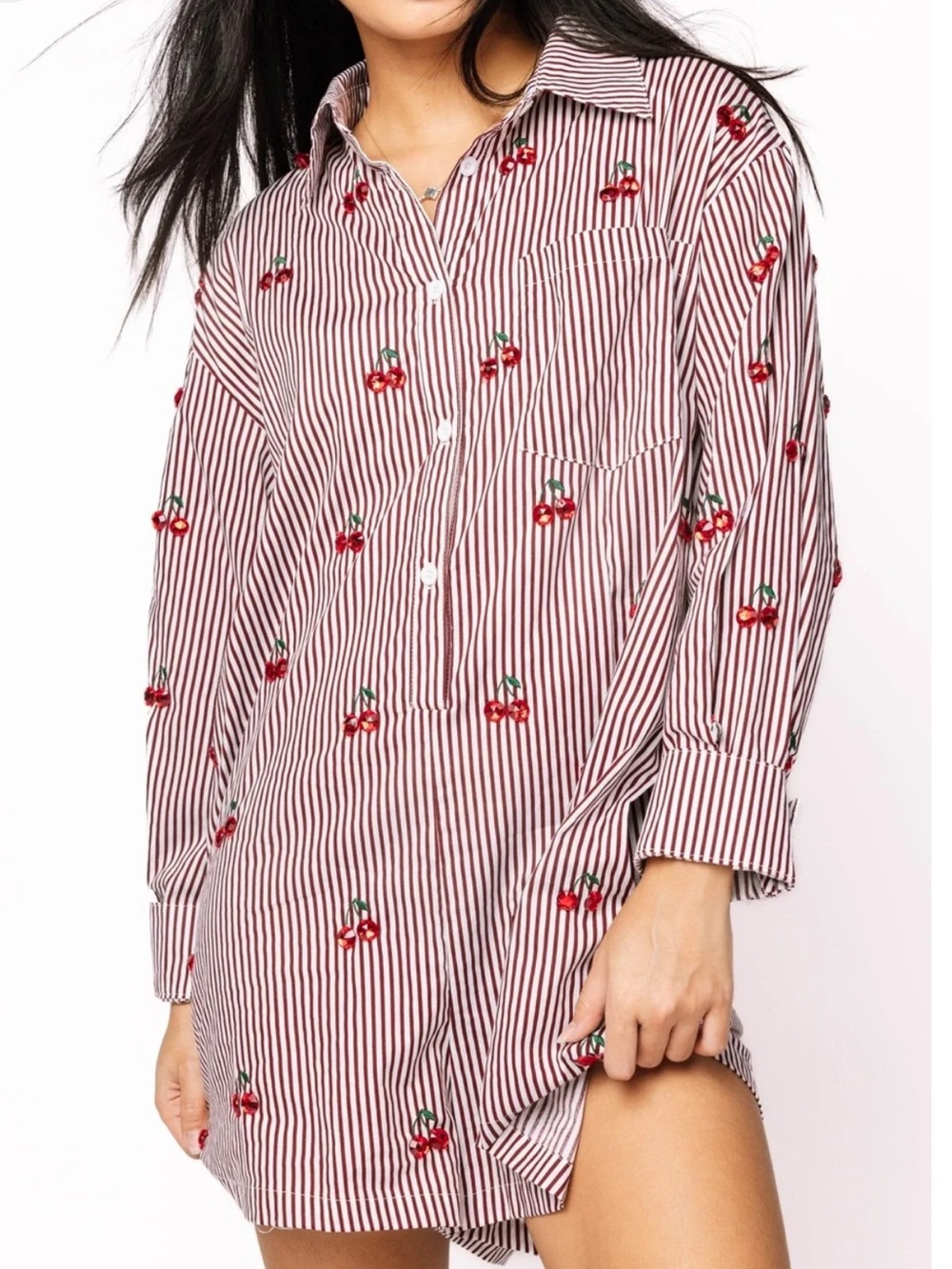 QUEEN OF SPARKLES Red & White Striped Cherry Long Sleeve Romper